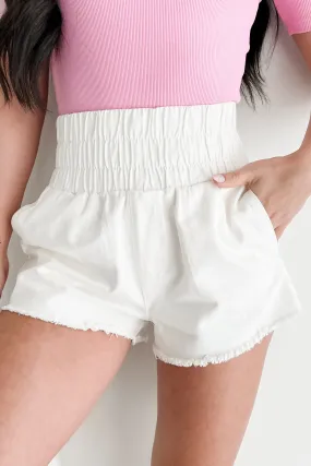 Lorna High Waist Washed Twill Shorts (White) Hot Day