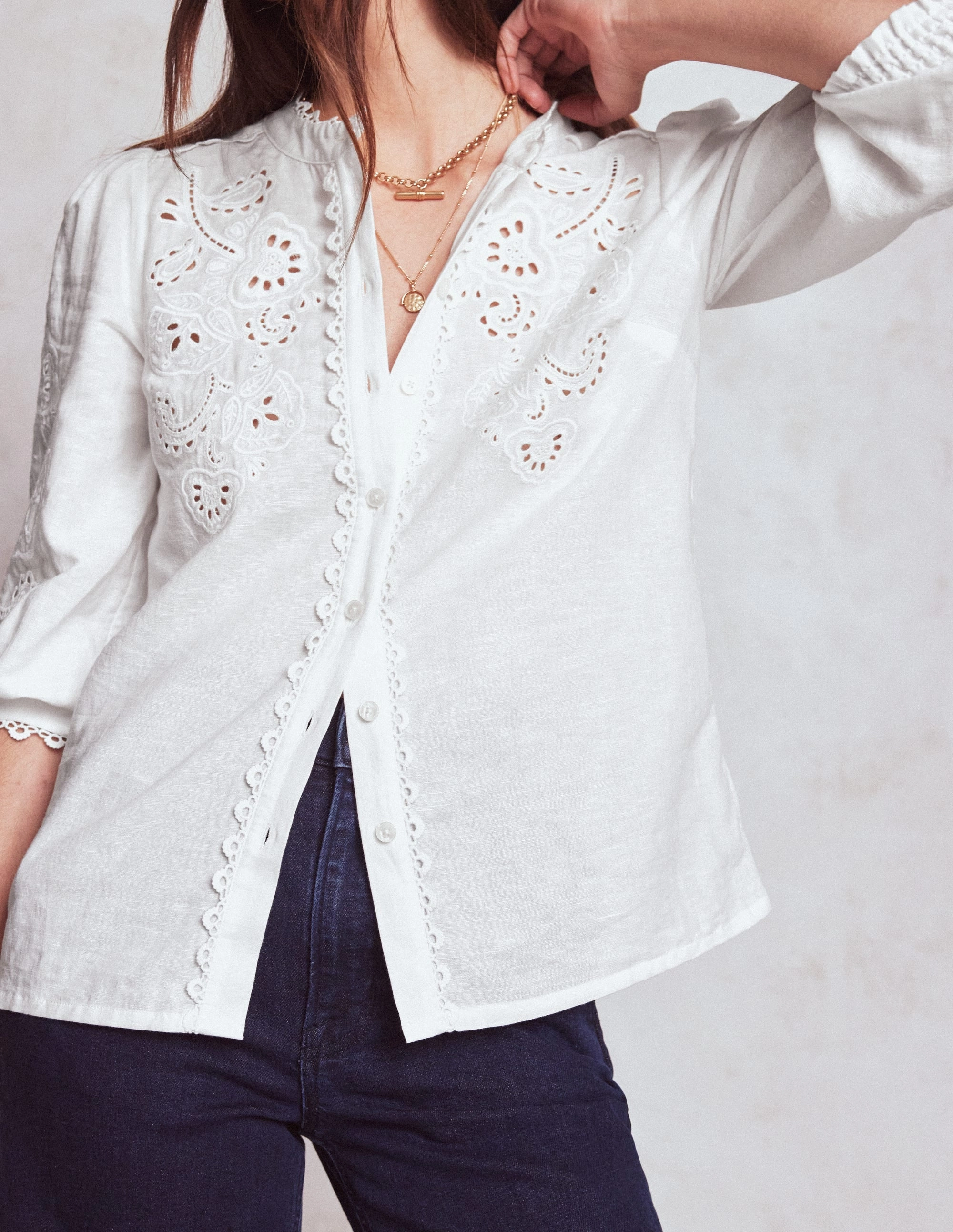Alicia Cutwork Linen Top-White, Cutwork Embroidery LowImpact Manufacturing Anti Static Cloth Blend