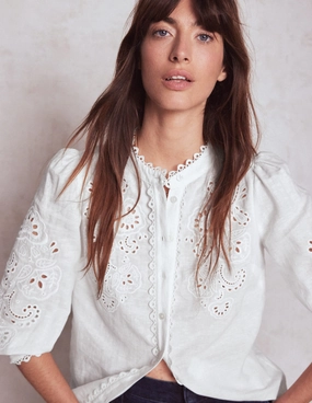 Alicia Cutwork Linen Top-White, Cutwork Embroidery RibbedNeckline
