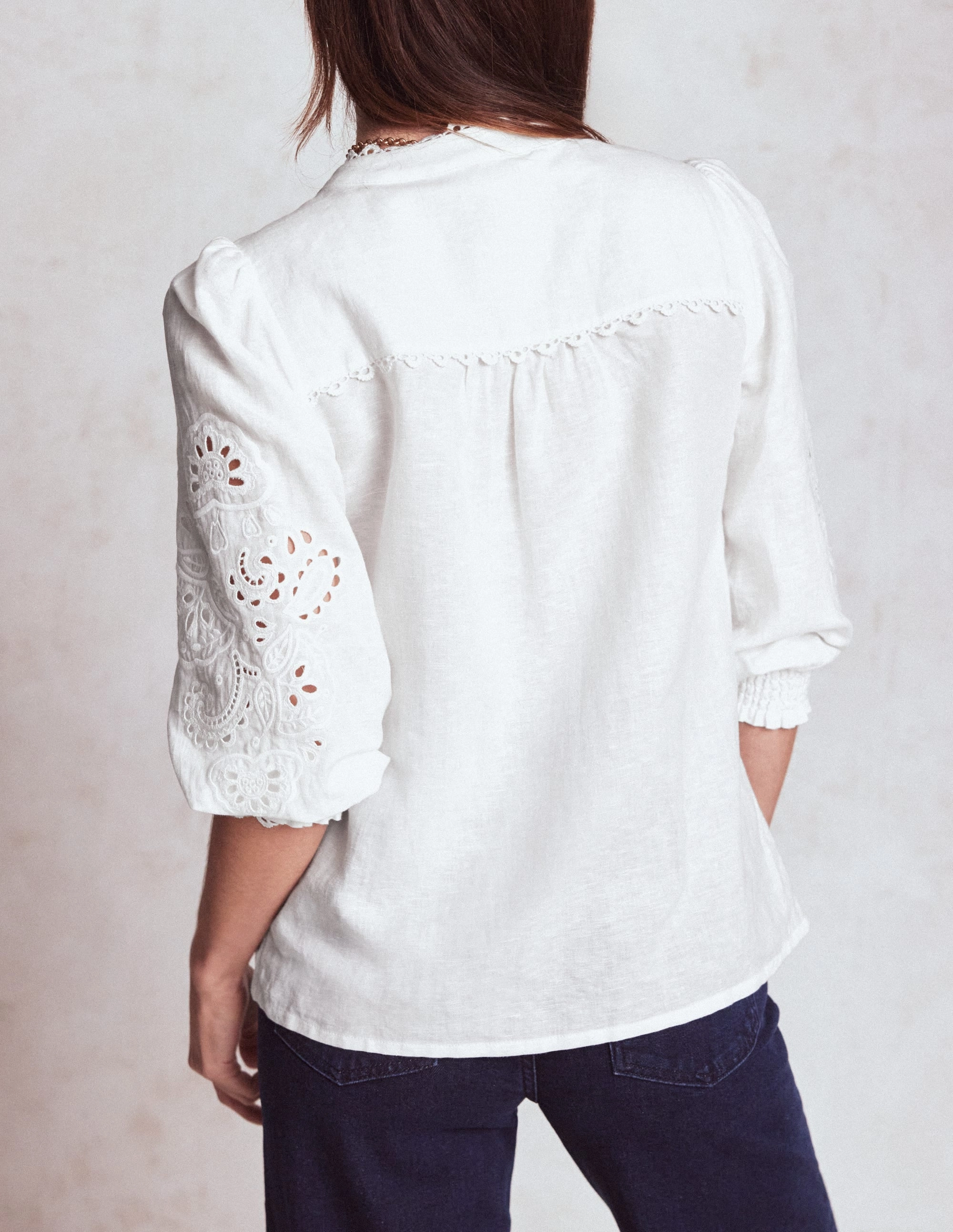 Basic Long Sleeve Alicia Cutwork Linen Top-White, Cutwork Embroidery