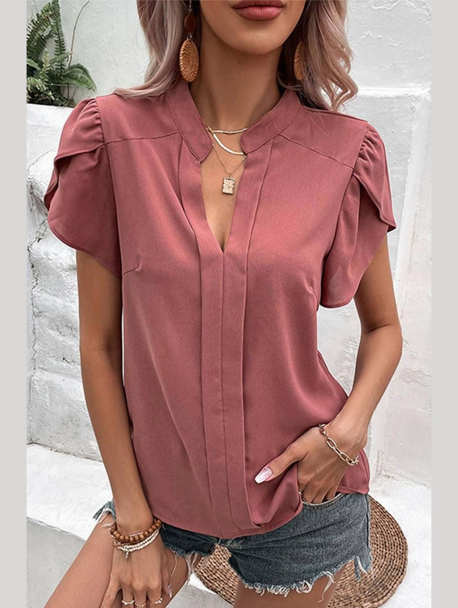 WOMEN V NECK PETAL TULIP SLEEVE T SHIRT MoistureManagementSystem