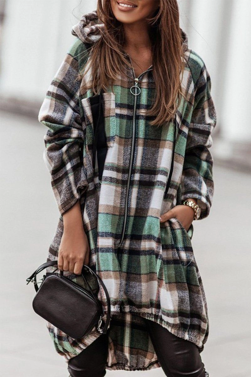 ELASTIC HEM ZIP UP PLAID PATTERN LONG JACKET Cozy Blouse