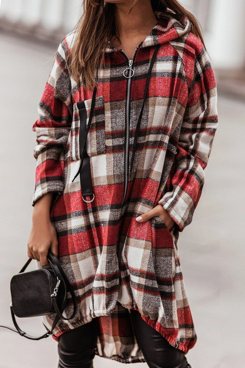 standard fit Ventilated Back Panels ELASTIC HEM ZIP UP PLAID PATTERN LONG JACKET