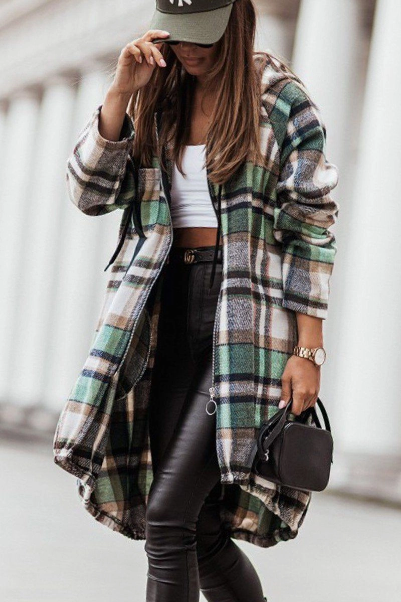 AthleticInspired Brushed Interior ELASTIC HEM ZIP UP PLAID PATTERN LONG JACKET