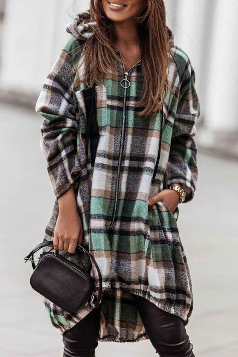 ELASTIC HEM ZIP UP PLAID PATTERN LONG JACKET ColorfastMaterial