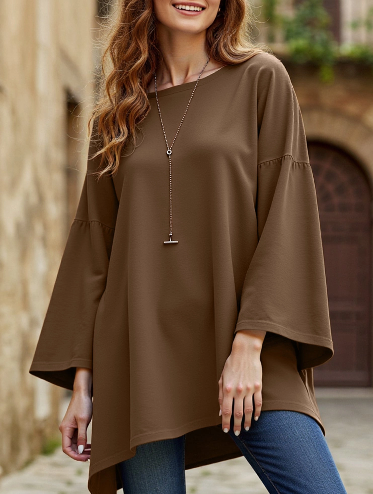 Solid color round neck slit long sleeve loose top Classic Style