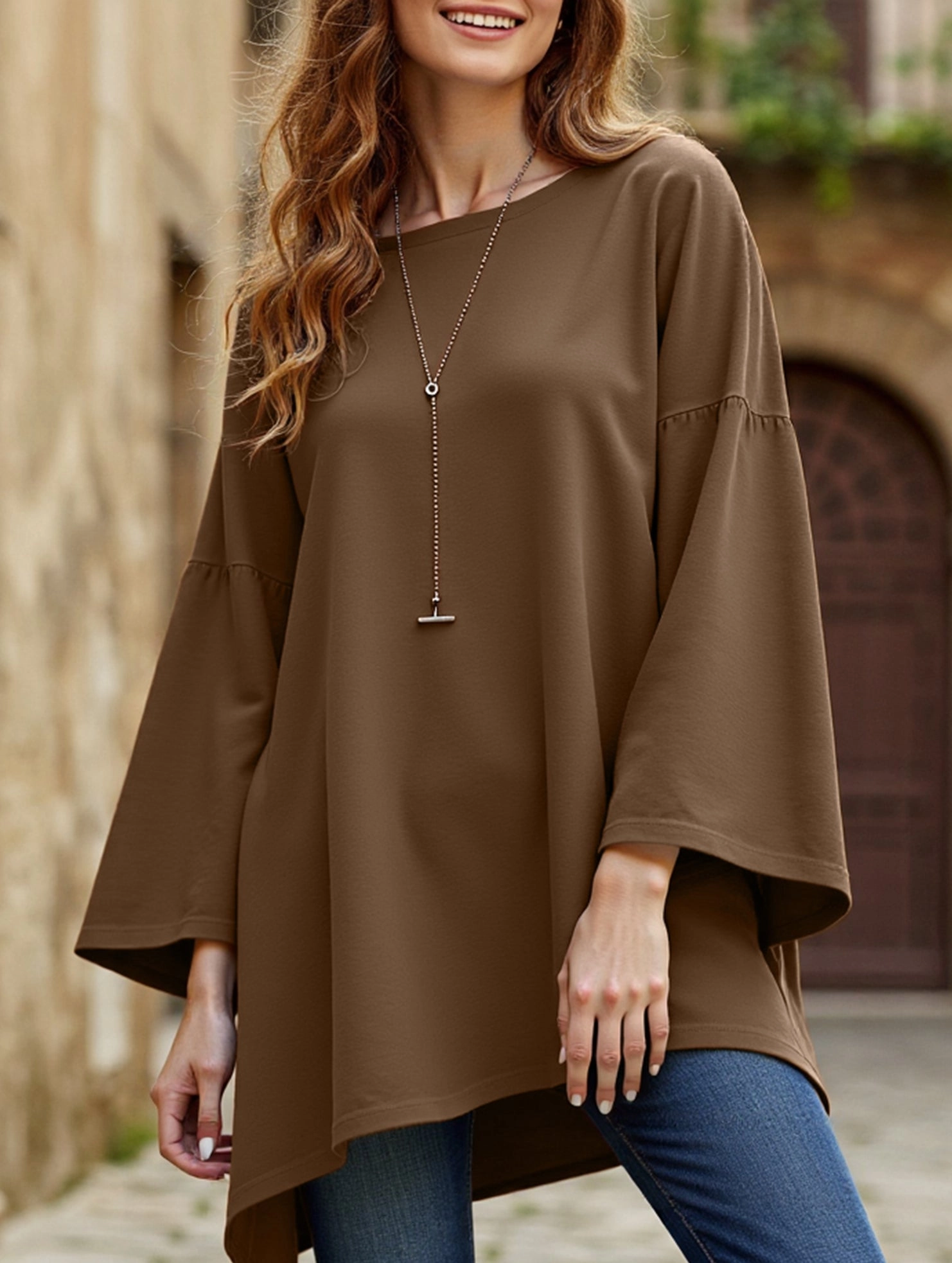 Airflow Ventilation Solid color round neck slit long sleeve loose top