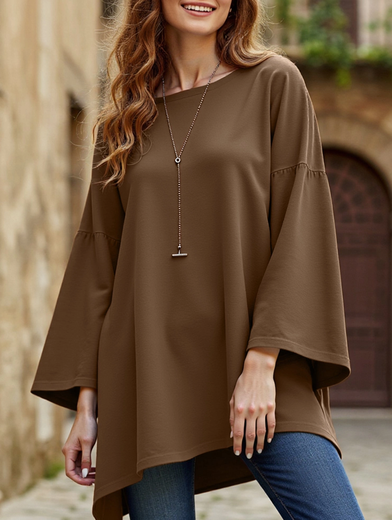 Double Needle Hemming Solid color round neck slit long sleeve loose top