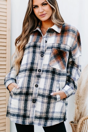 LayeredNeckline Heading North Oversized Colorblock Plaid Shacket (Camel/Rust)