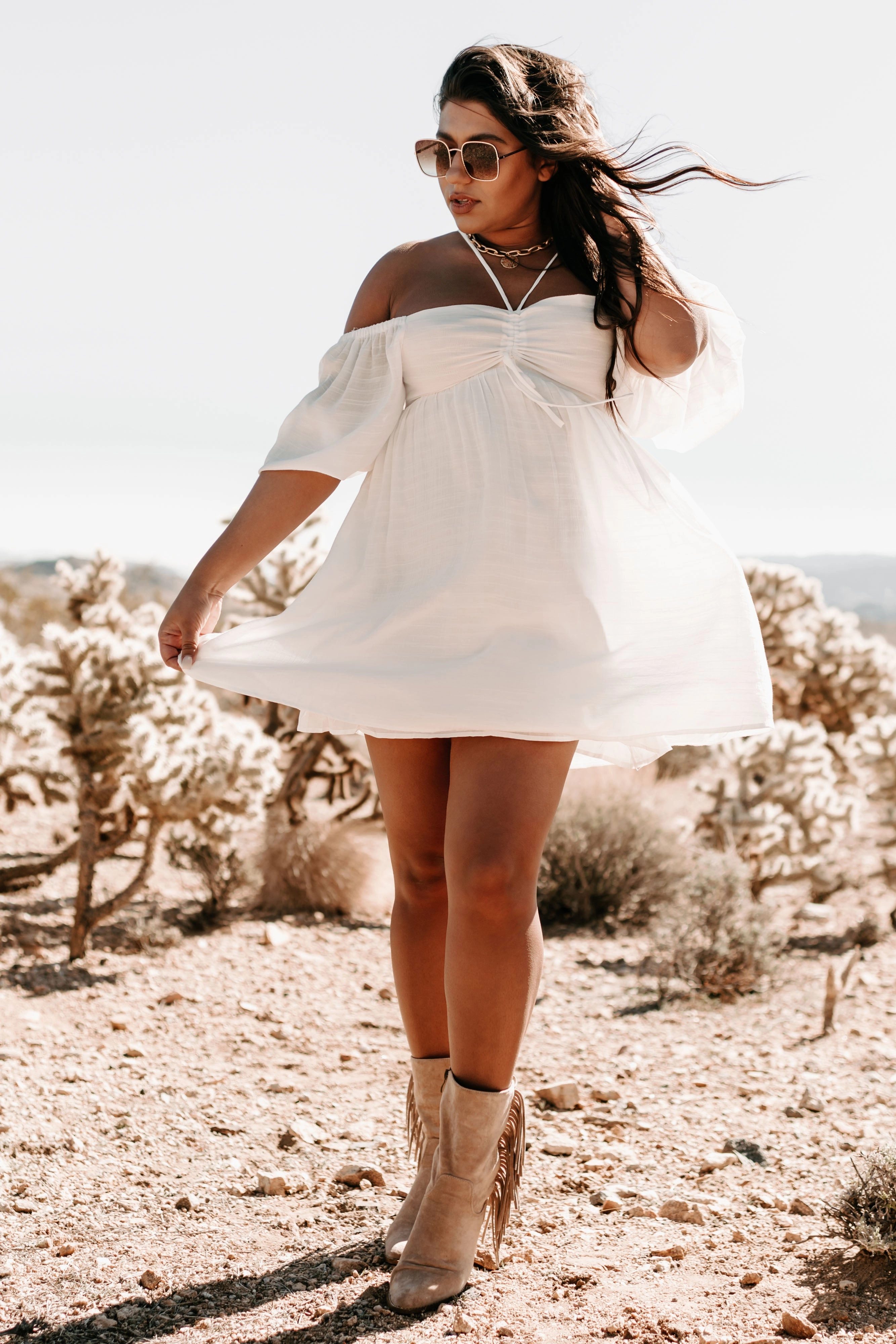 Under Your Enchantment V-Strap Puffed Sleeve Mini Dress (Off White) TumbleDryFriendlyMaterial