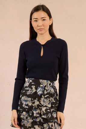 Hidden Storage Pockets Keyhole Tie Sweater in Navy Blue