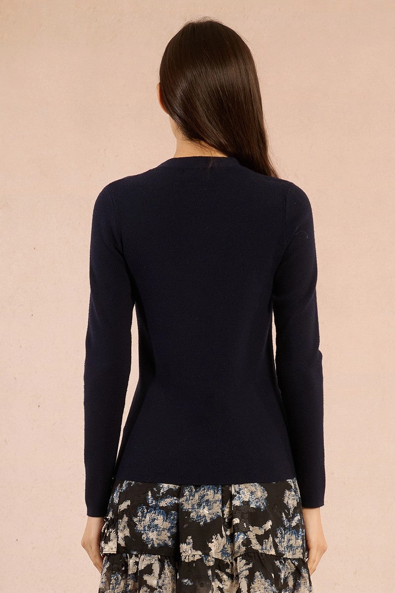 Keyhole Tie Sweater in Navy Blue Double Needle Hemming