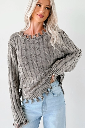 Rubberized grip Unwritten Future Cable Knit Fringe Zenana Sweater (Brown)