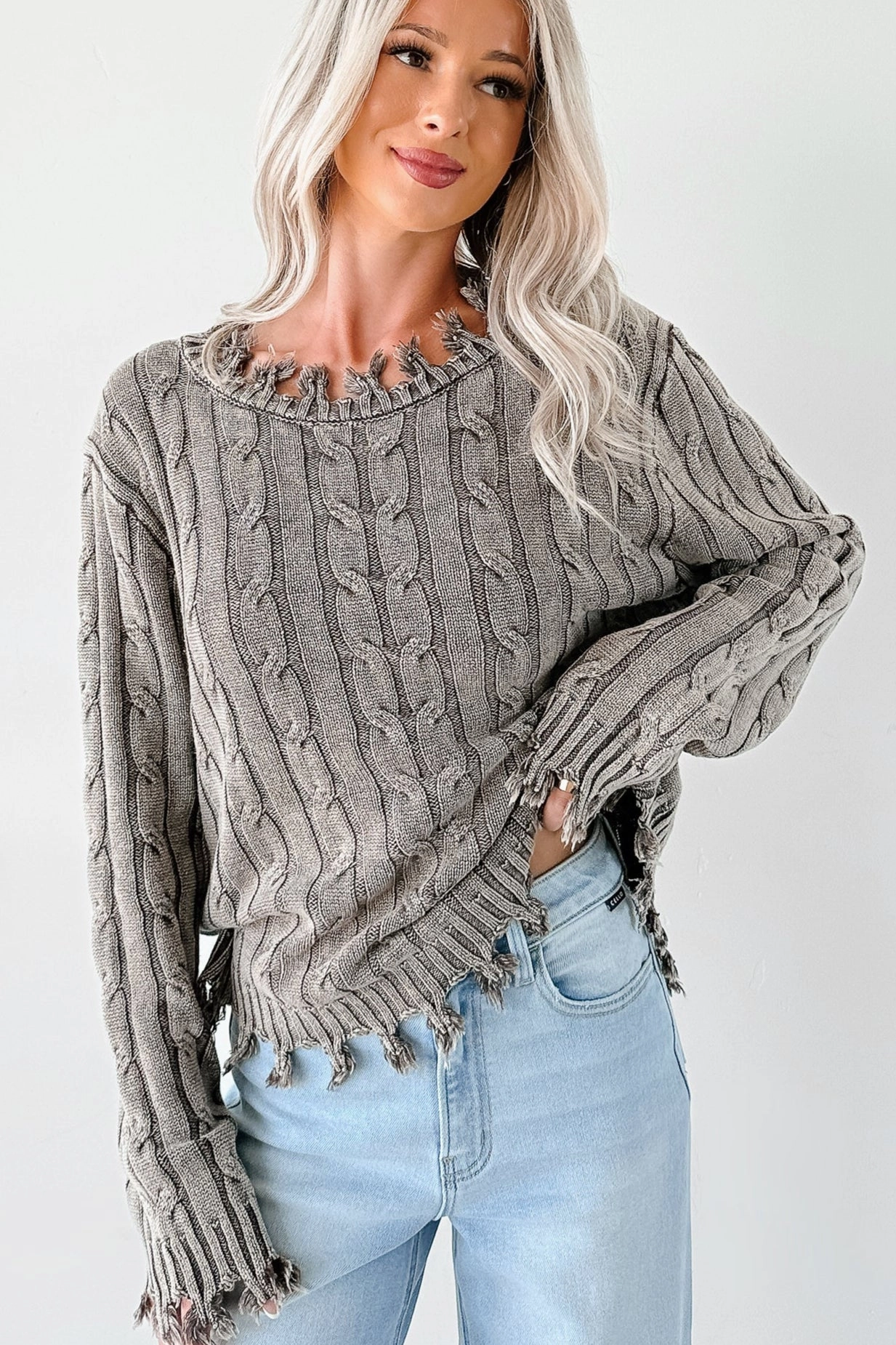 Rubberized grip Unwritten Future Cable Knit Fringe Zenana Sweater (Brown)