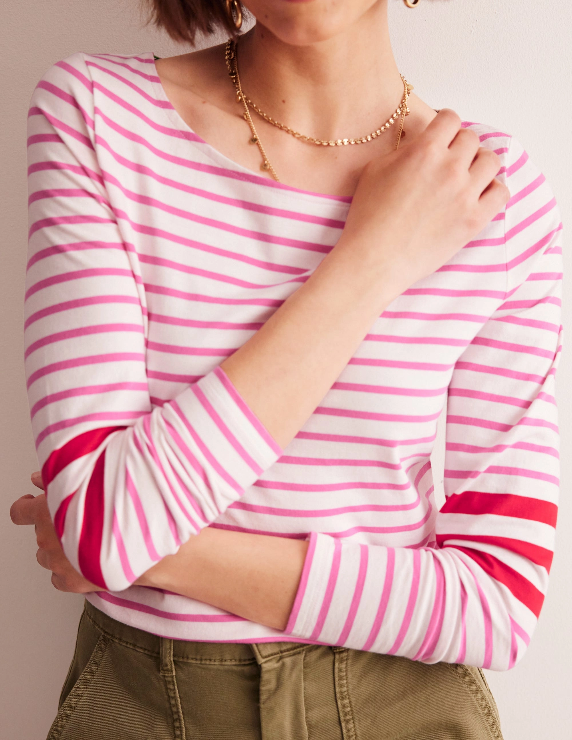 NonRestrictiveSilhouette Ella Long Sleeve Breton-Ivory, Red and Party Pink