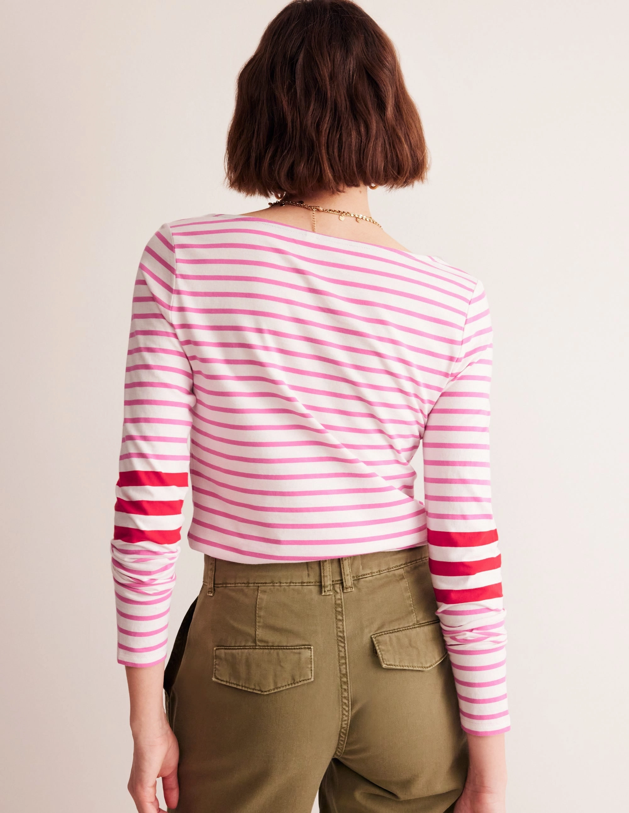 Ella Long Sleeve Breton-Ivory, Red and Party Pink Curved Hem Design High Collar Option