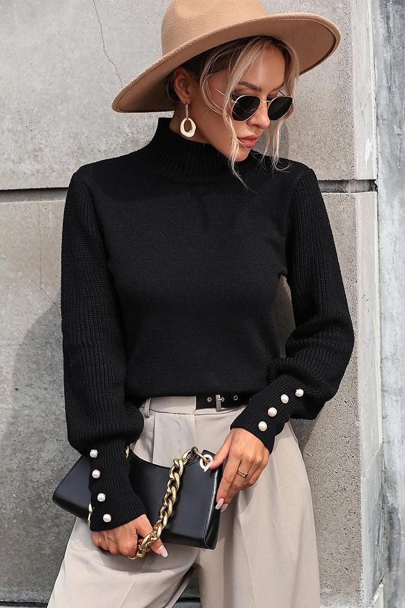 SeamlessKnitConstruction Ribbed Collar Design WOMEN TURTLE NECK FITTED RIB SLEEVE KNIT SWEATER