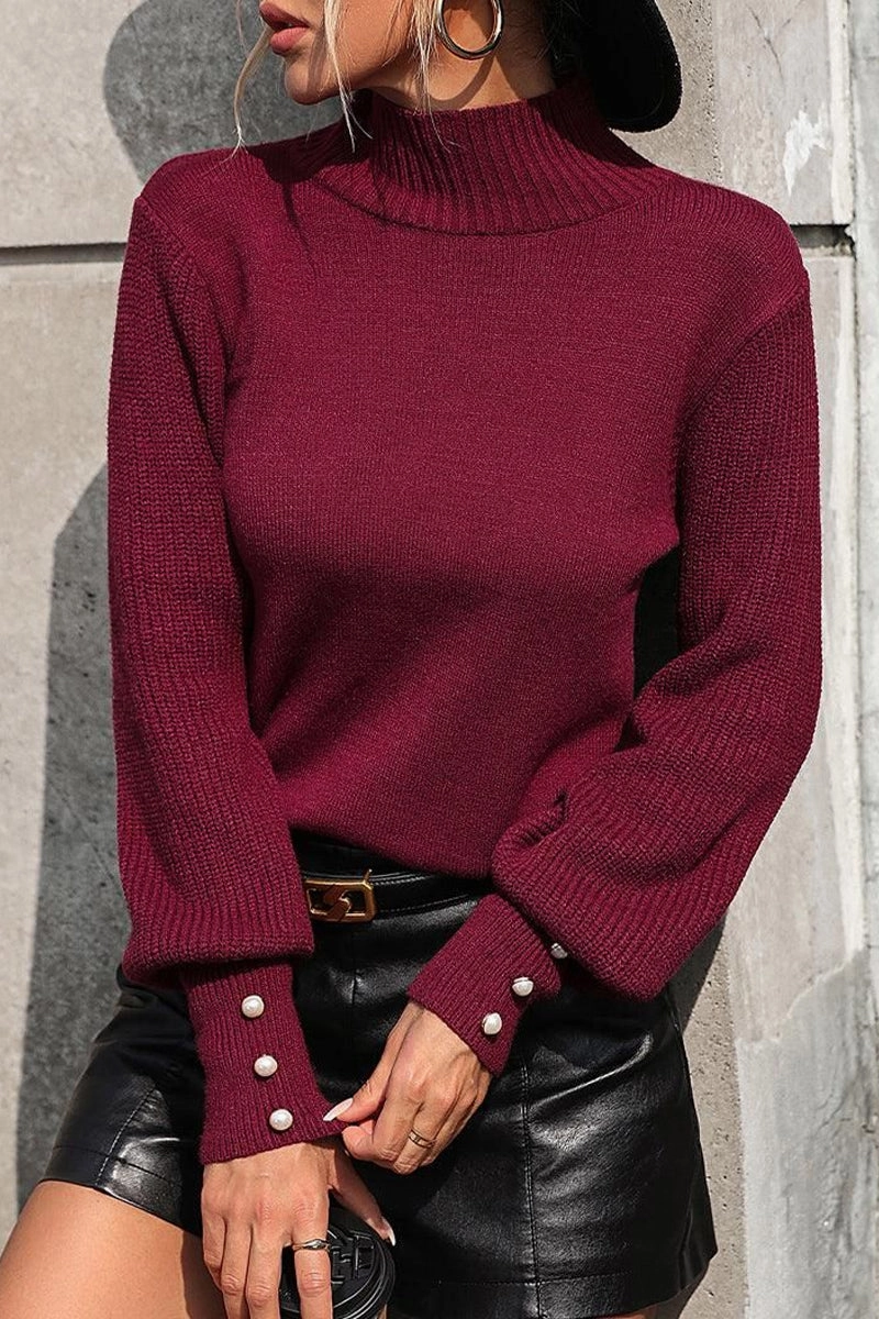 WOMEN TURTLE NECK FITTED RIB SLEEVE KNIT SWEATER Airy Mesh Lining Mesh Panel Details