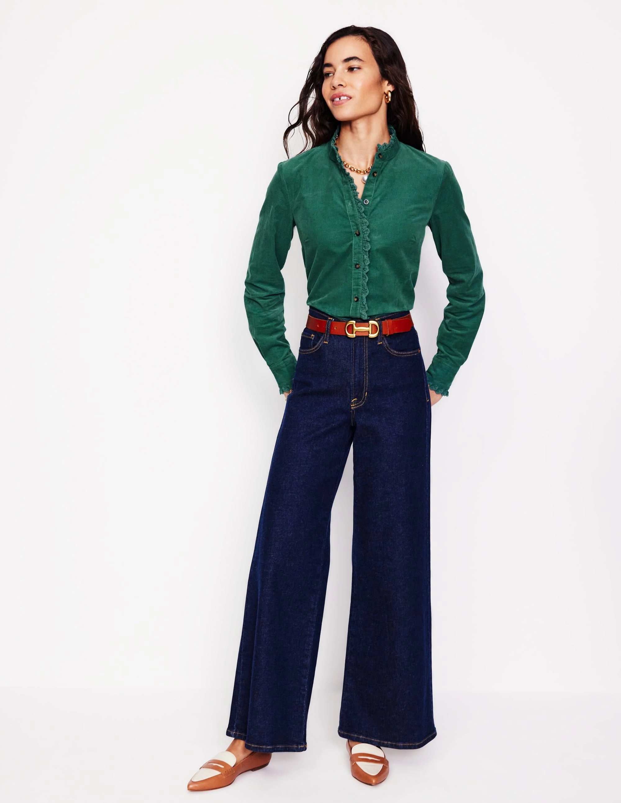 Phoebe Cord Shirt-Spruce Green Simple Pullover