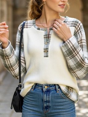 Contrast Stitch Accent PLAID PATCHWORK LONG-SLEEVED CREW NECK T-SHIRT