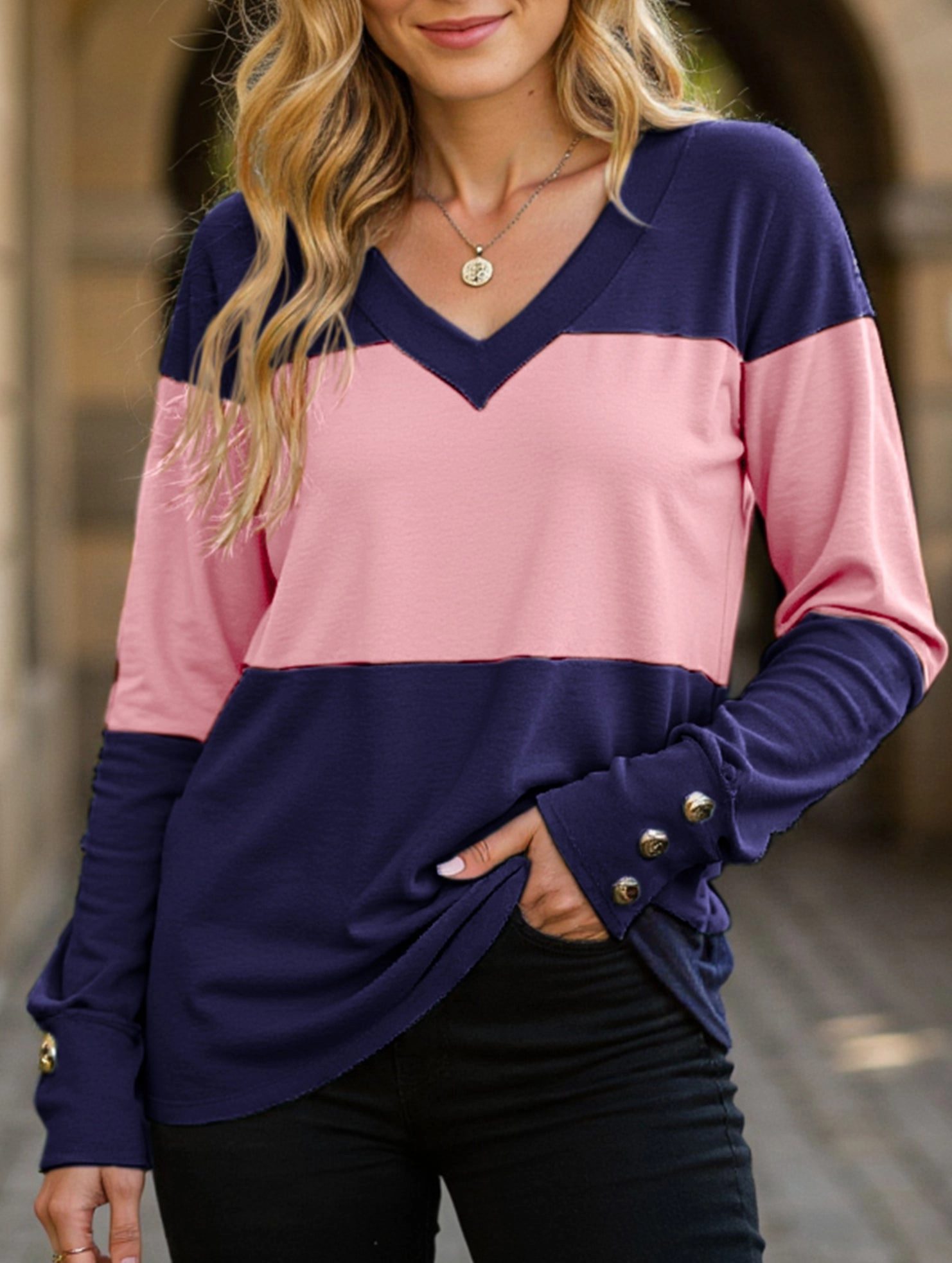 SustainableBlend V-neck casual colorblock long-sleeved T-shirt