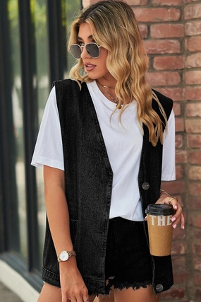 SweatWicking Fabric V NECK FADED DENIM BUTTON UP POCKET VEST