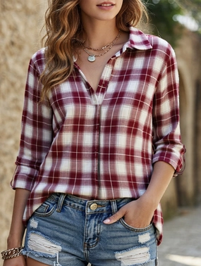 Layered Panel Construction Reversible Layering Tech V-neck lapel loose-fitting women's plaid shirt