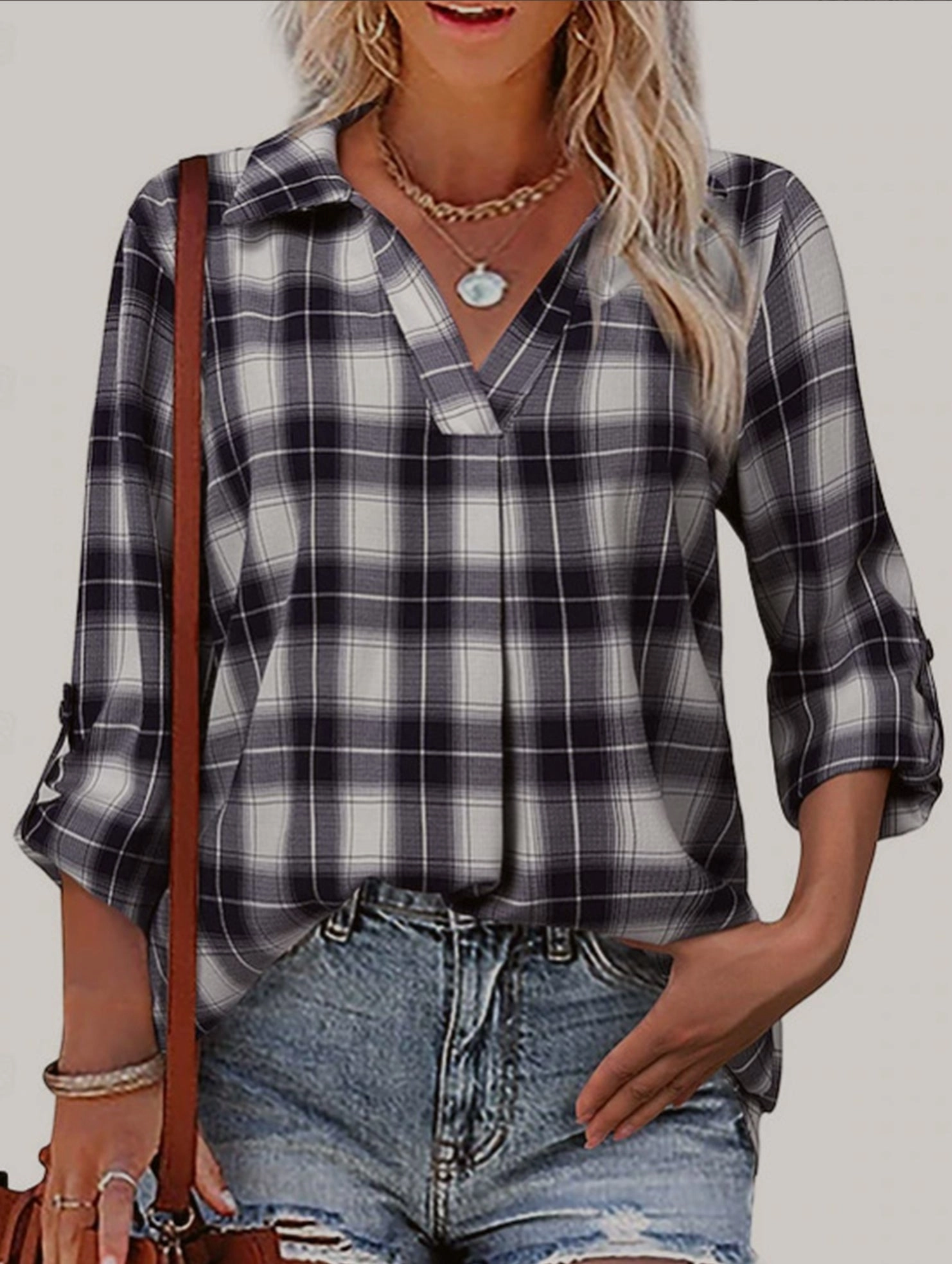 V-neck lapel loose-fitting women's plaid shirt HeatPressedLogos