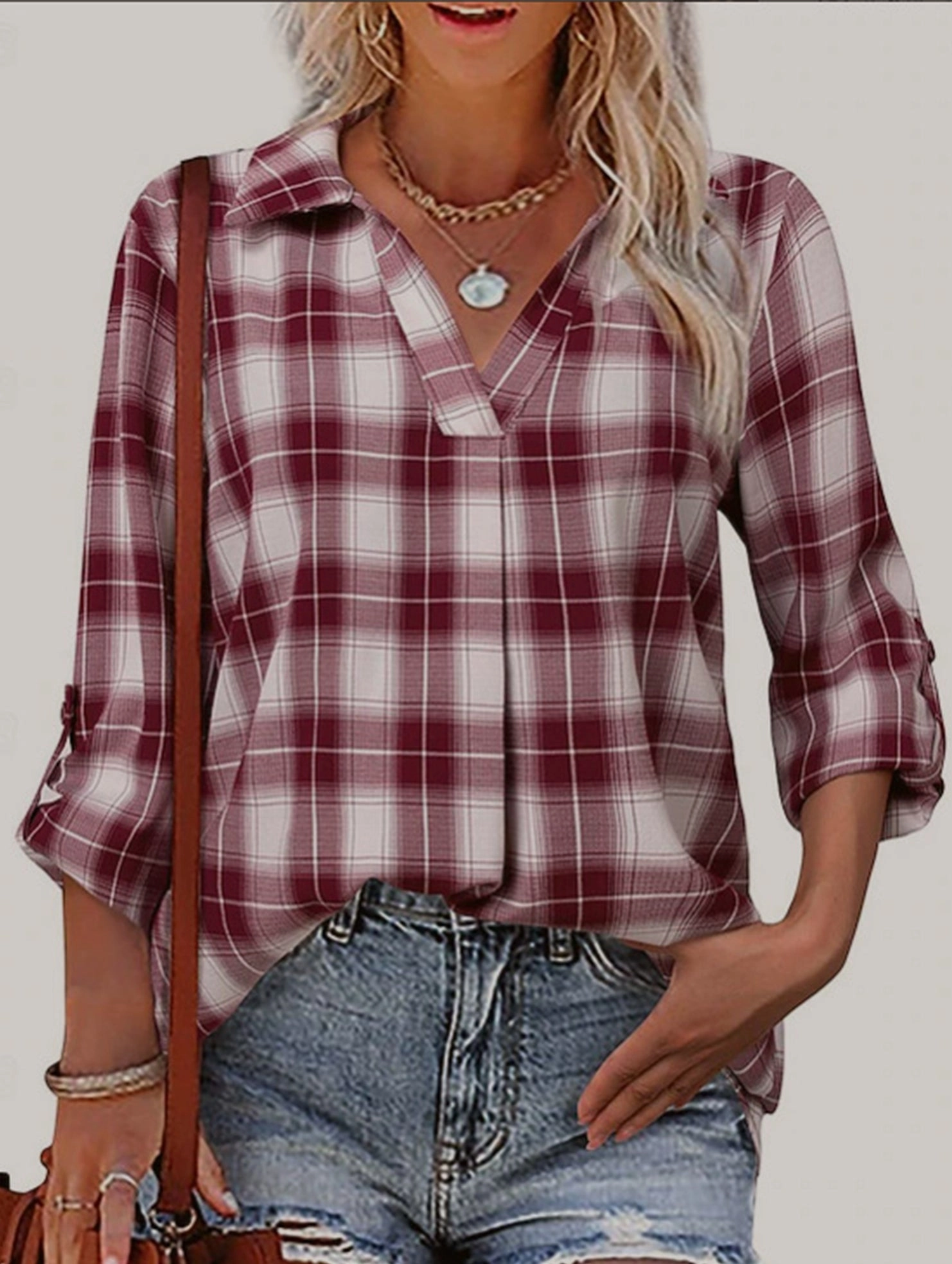 V-neck lapel loose-fitting women's plaid shirt Cool and Breezy