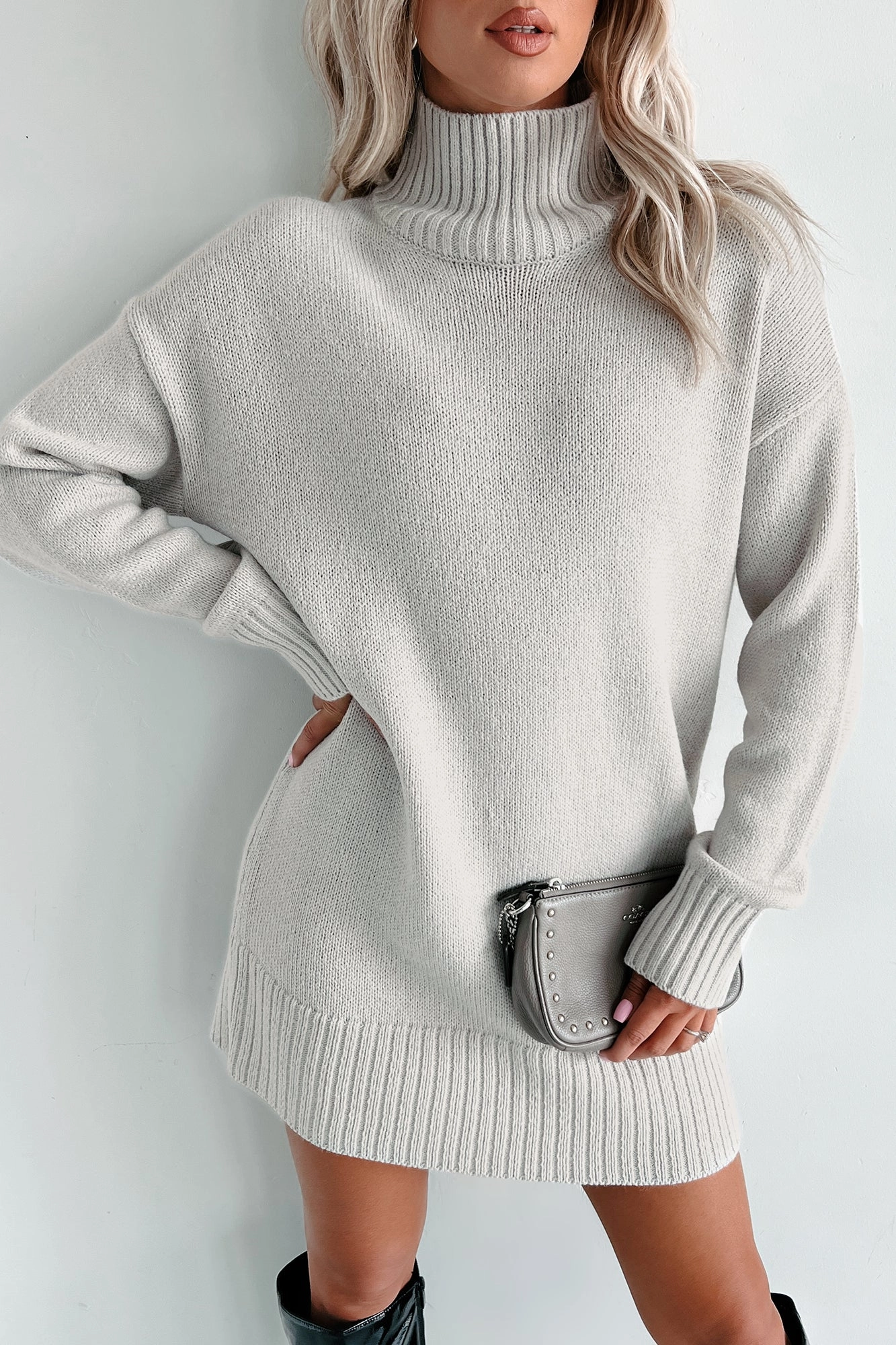 GarmentWashed Texture ConvertibleCollar Vail Vibes Zenana Sweater Dress (Bone)
