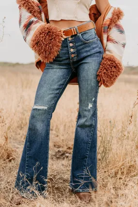 Travel Outfit Music Event Daily Wear Nature Lover Valina High Rise Tummy Control Buttoned Flare Risen Jeans (Dark)