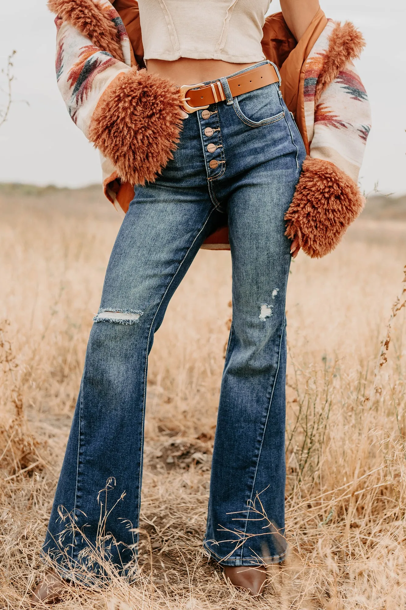 Valina High Rise Tummy Control Buttoned Flare Risen Jeans (Dark) Couple Look Work Ready