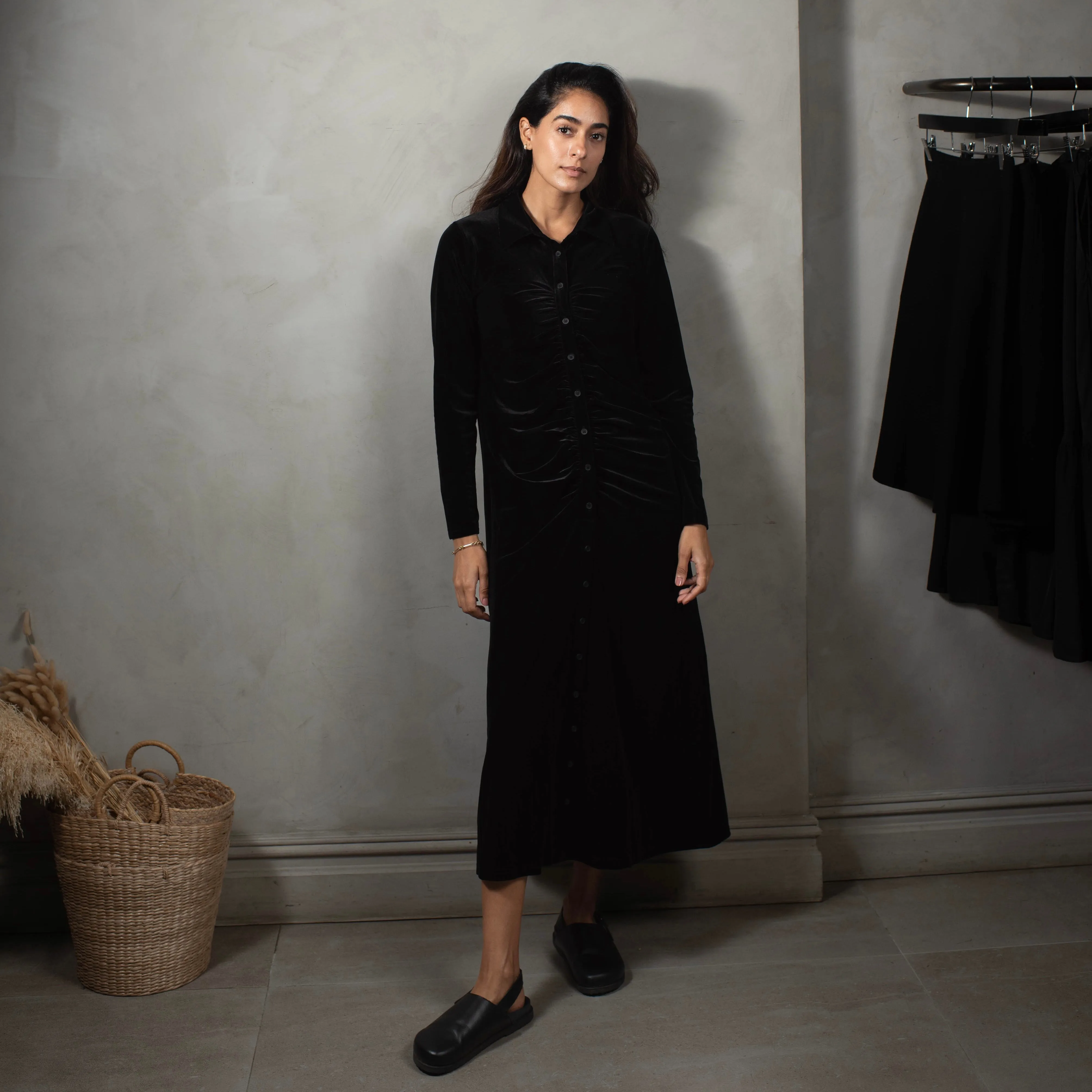 Holiday-Party Velour Ruched Dress | Black [Final Sale]
