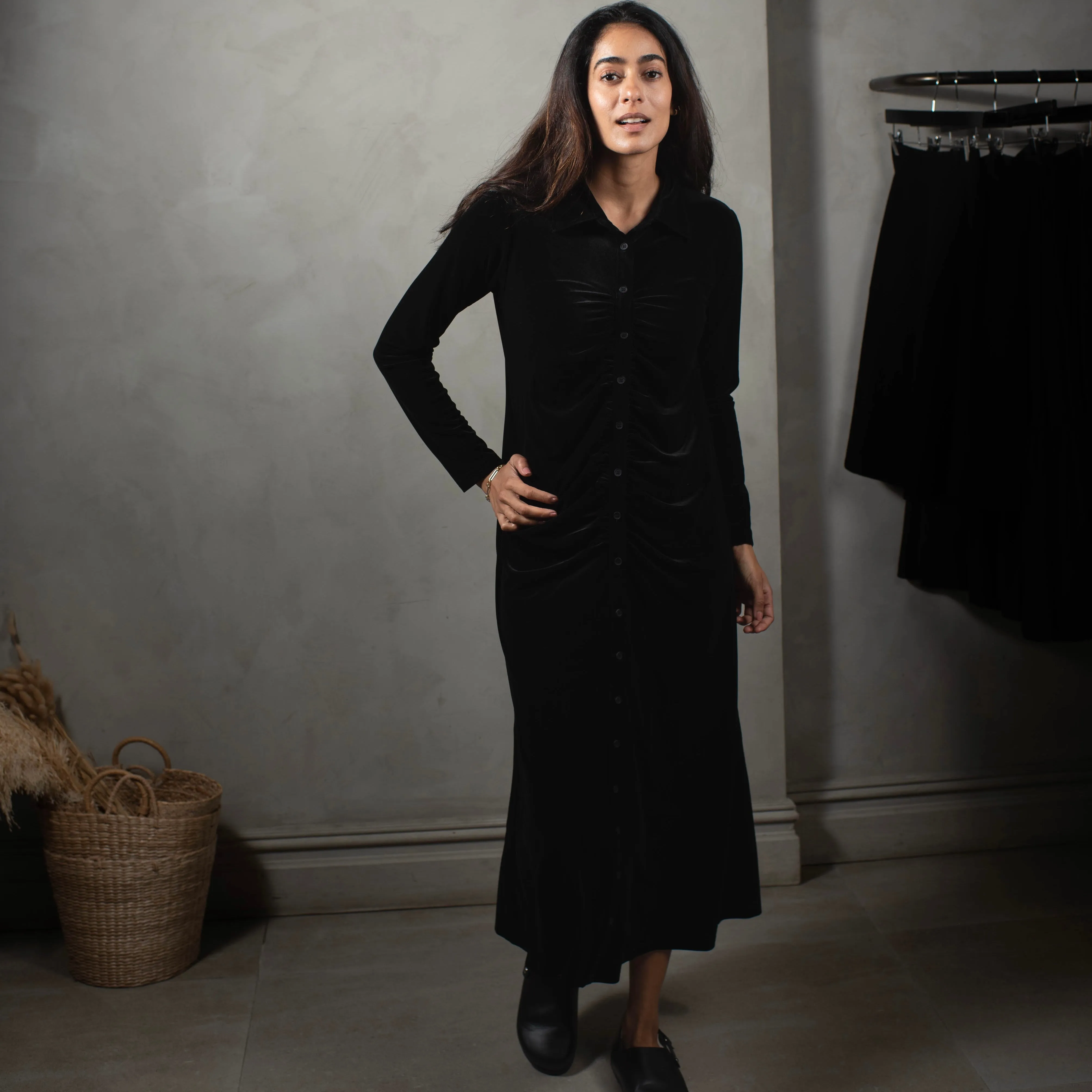 Satin-Edge Velour Ruched Dress | Black [Final Sale]