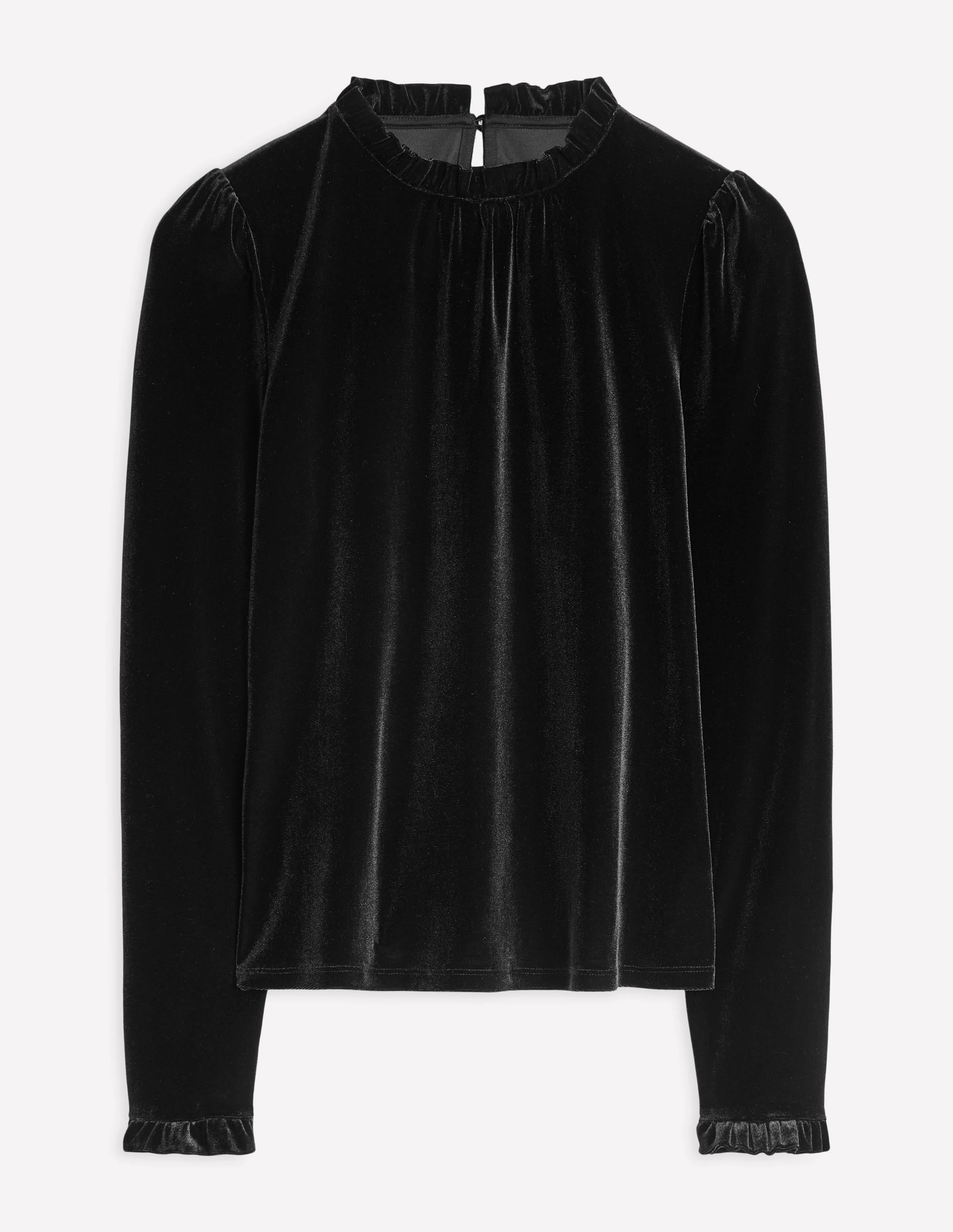 Velvet Frill Neck Top-Black Versatile Base Layer Wrinkle Resistant Texture