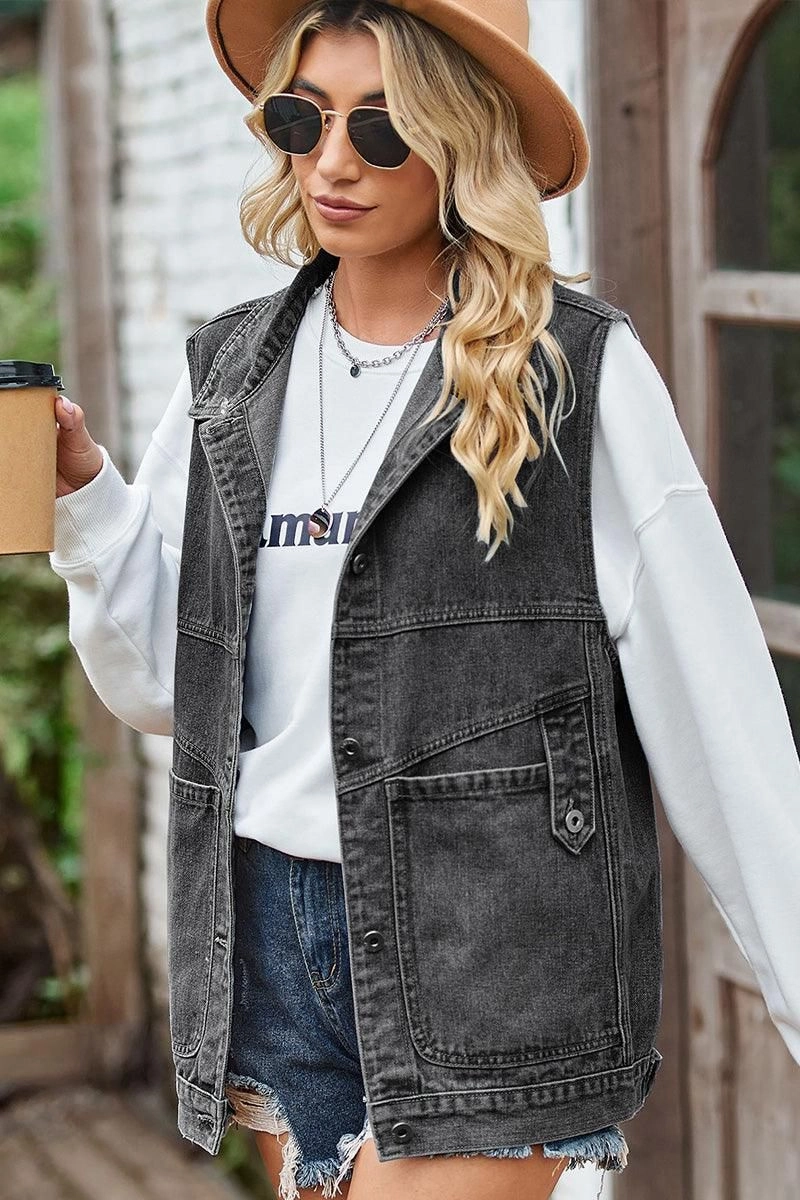 Quick Dry Material VINTAGE BUCKELE POCKET COLLAR DENIM VEST