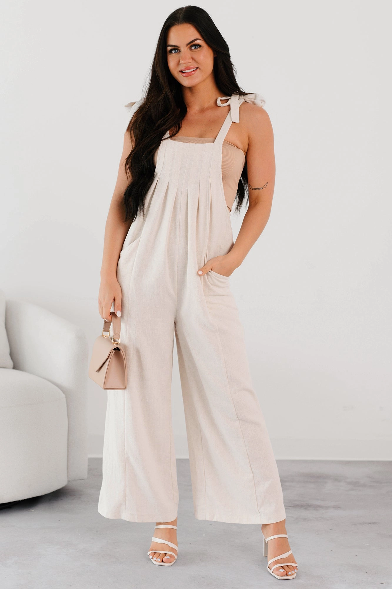 Alone At Last Tie Strap Linen Jumpsuit (Oatmeal) Airy Movement