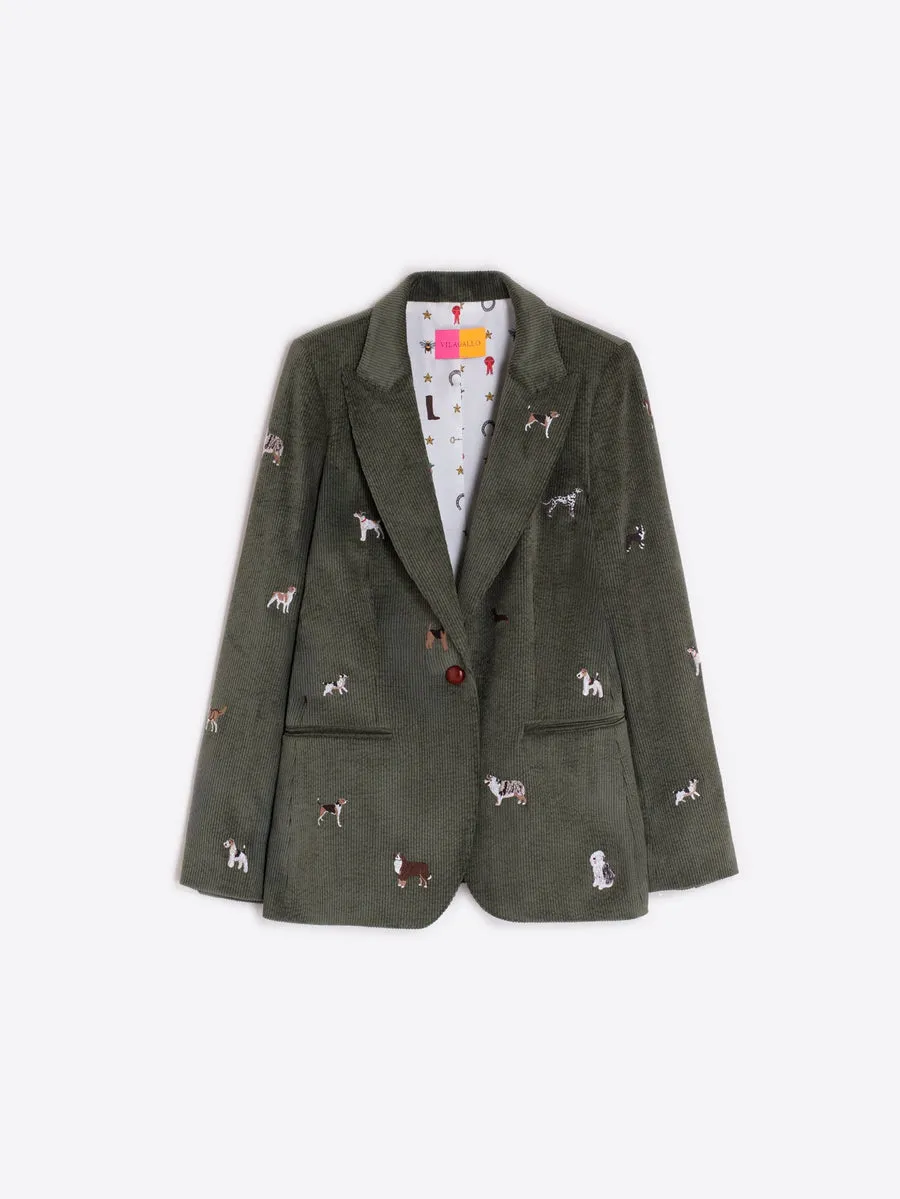 Heather Corduroy Dog Embroidery Blazer in Pana Hunter Green Layered Collar System Ribbed Hem