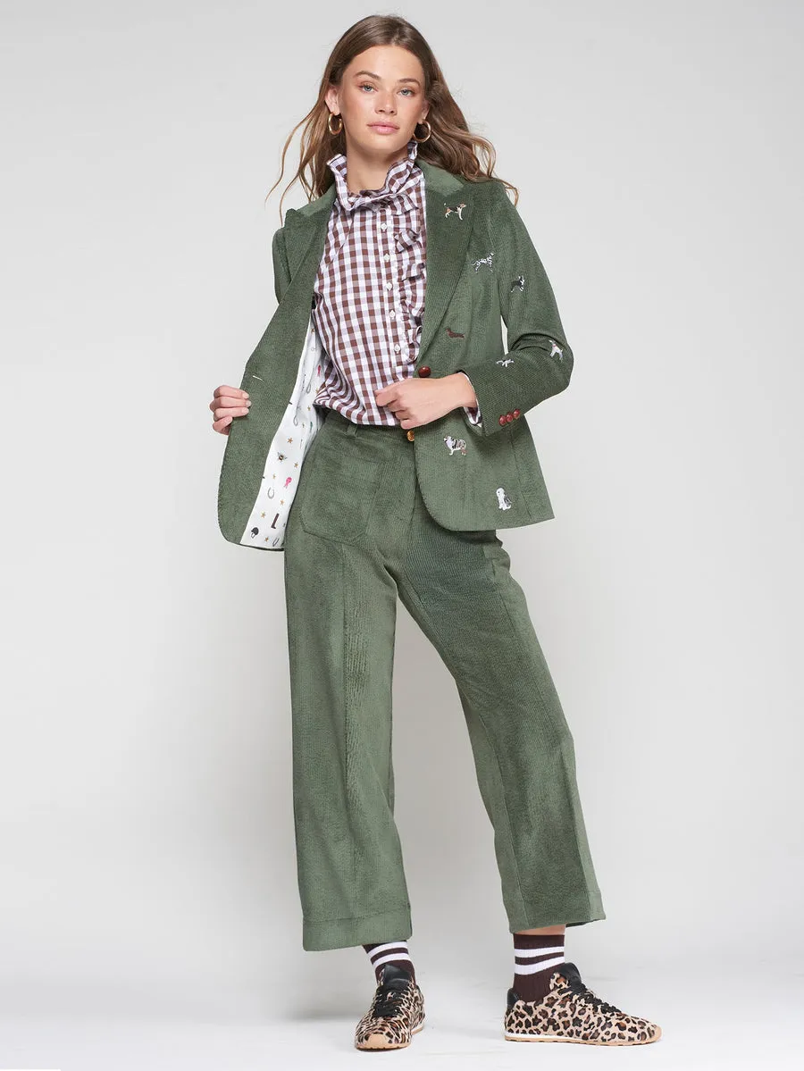 Heather Corduroy Dog Embroidery Blazer in Pana Hunter Green Ribbed Trim