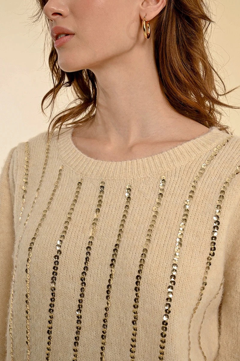 Vertical Sequin Sweater in Cream Chic Look