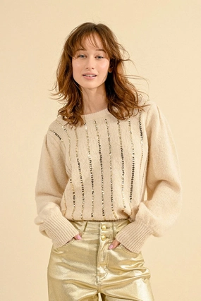 Vertical Sequin Sweater in Cream Durable Stitching