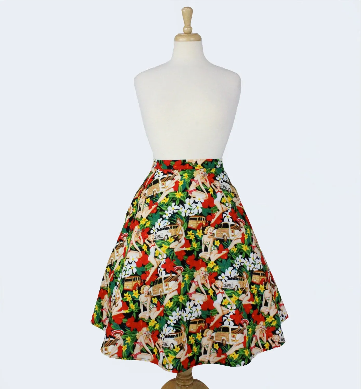 On The Go Recycled Polyester Vintage Hawaiian Tiki  Aline Pinup Skirt # FS-HG501