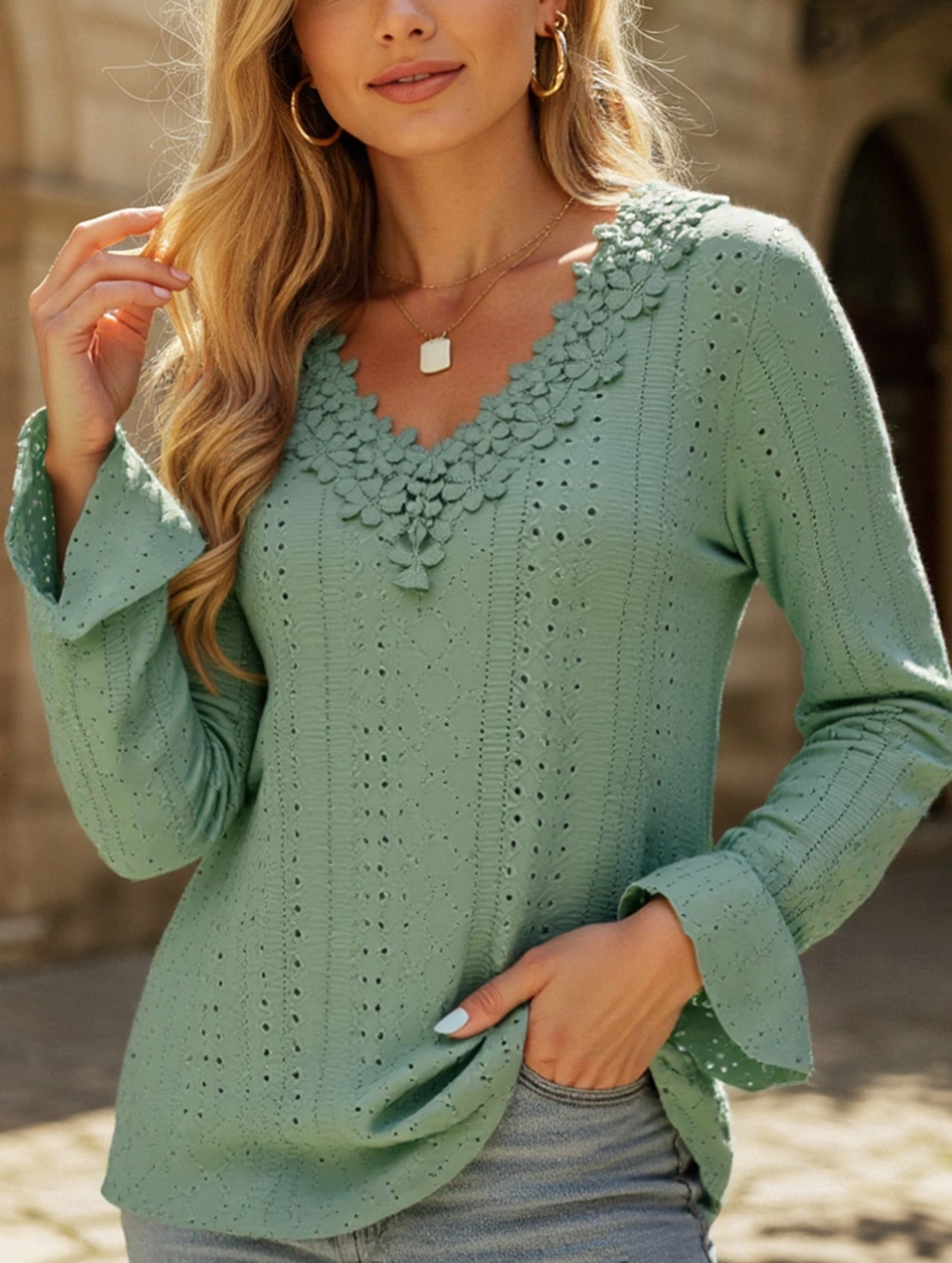 Ventilated Mesh Panels NonScratchSurface Vintage Hollow Crochet V-Neck Long Sleeve Shirt