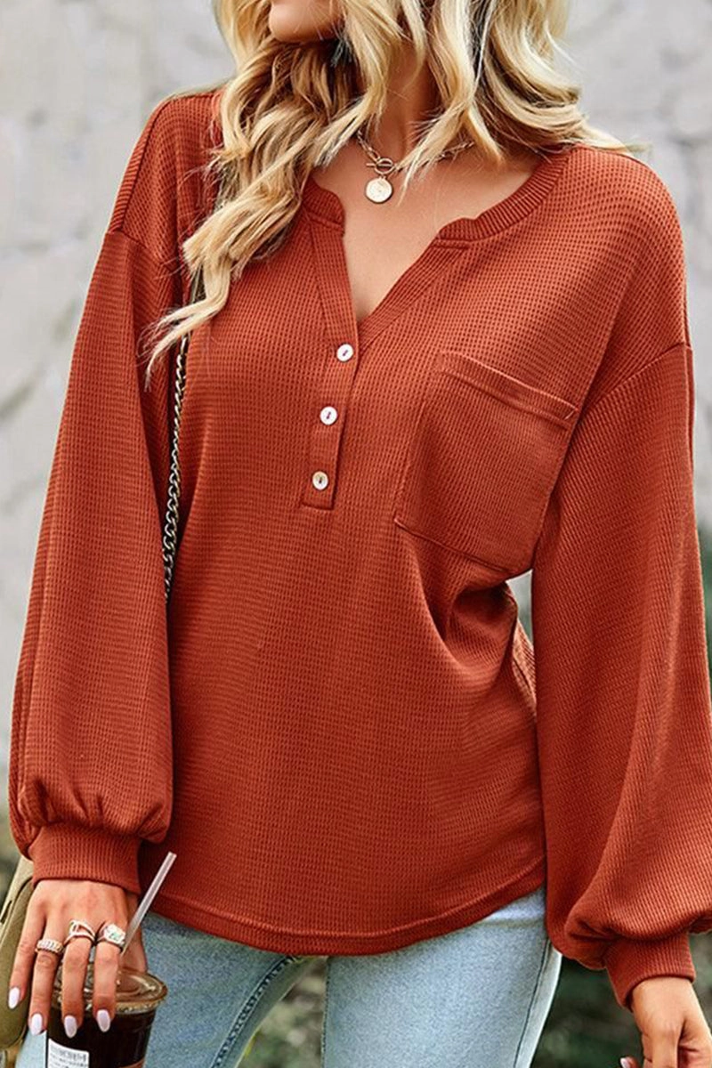 Ethically Sourced Yarn WAFFLE KNITTED BUTTON NECK LOOSE FIT TOP