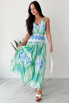 Walking Tall Tropical Print Maxi Dress (Green/Multi) Statement Mood