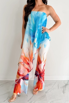 Timeless Touch Wander Wildly Strapless Flowy Jumpsuit (Blue/Multi)