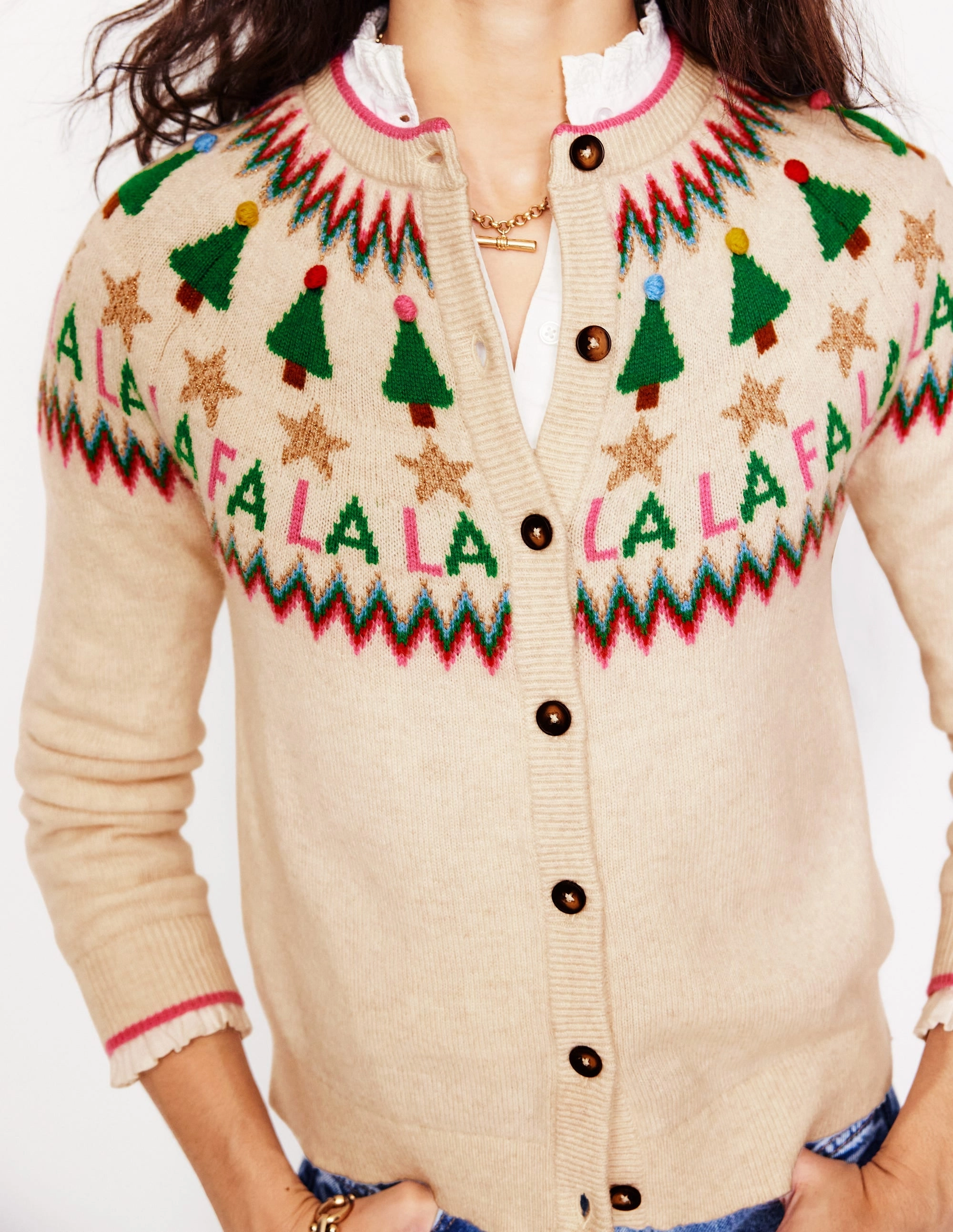 Edie Fair Isle Cardigan-Ecru Marl, Fa La La Outdoor Casual Look High Thread Count