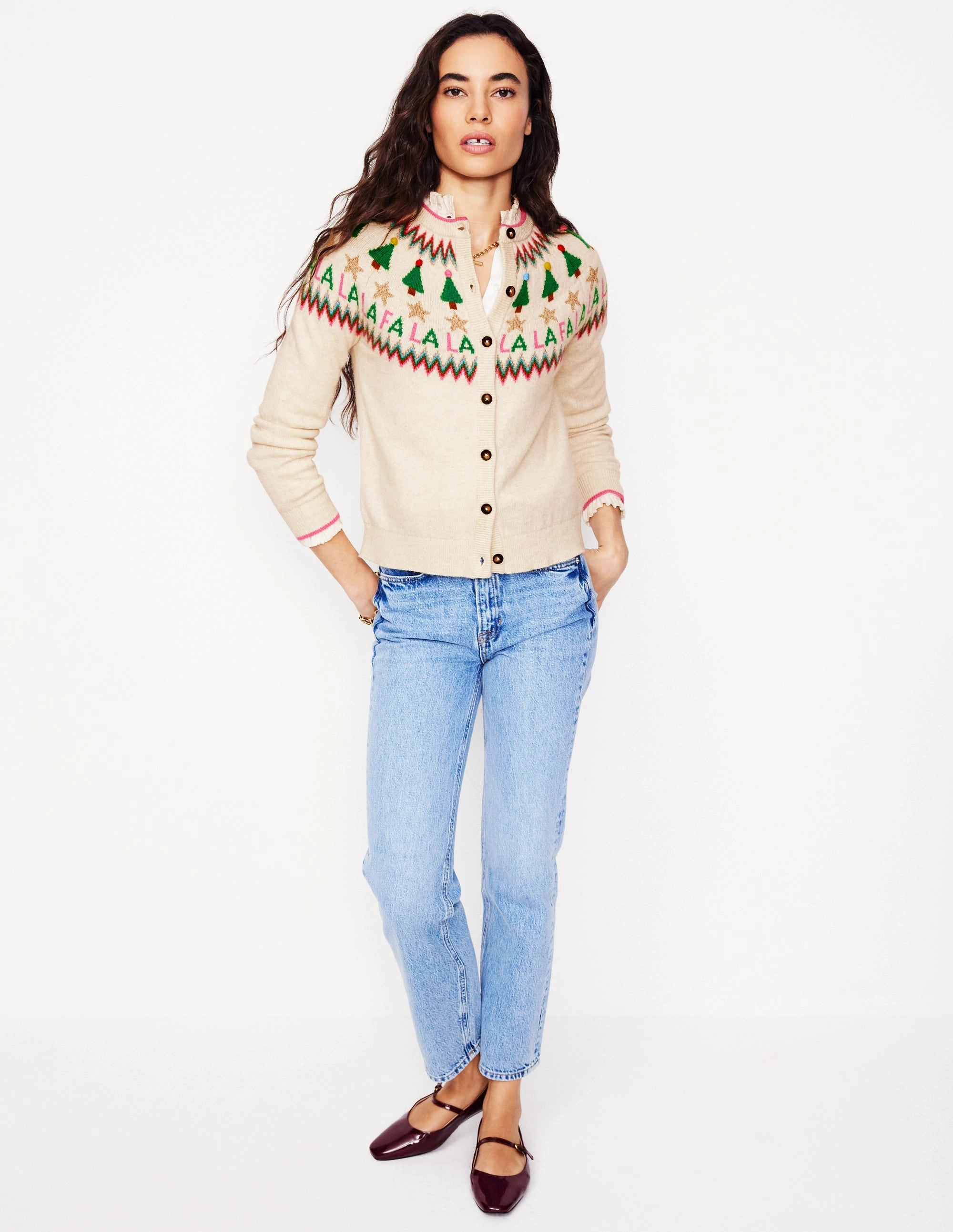 Mid Season Autumn Layer Edie Fair Isle Cardigan-Ecru Marl, Fa La La