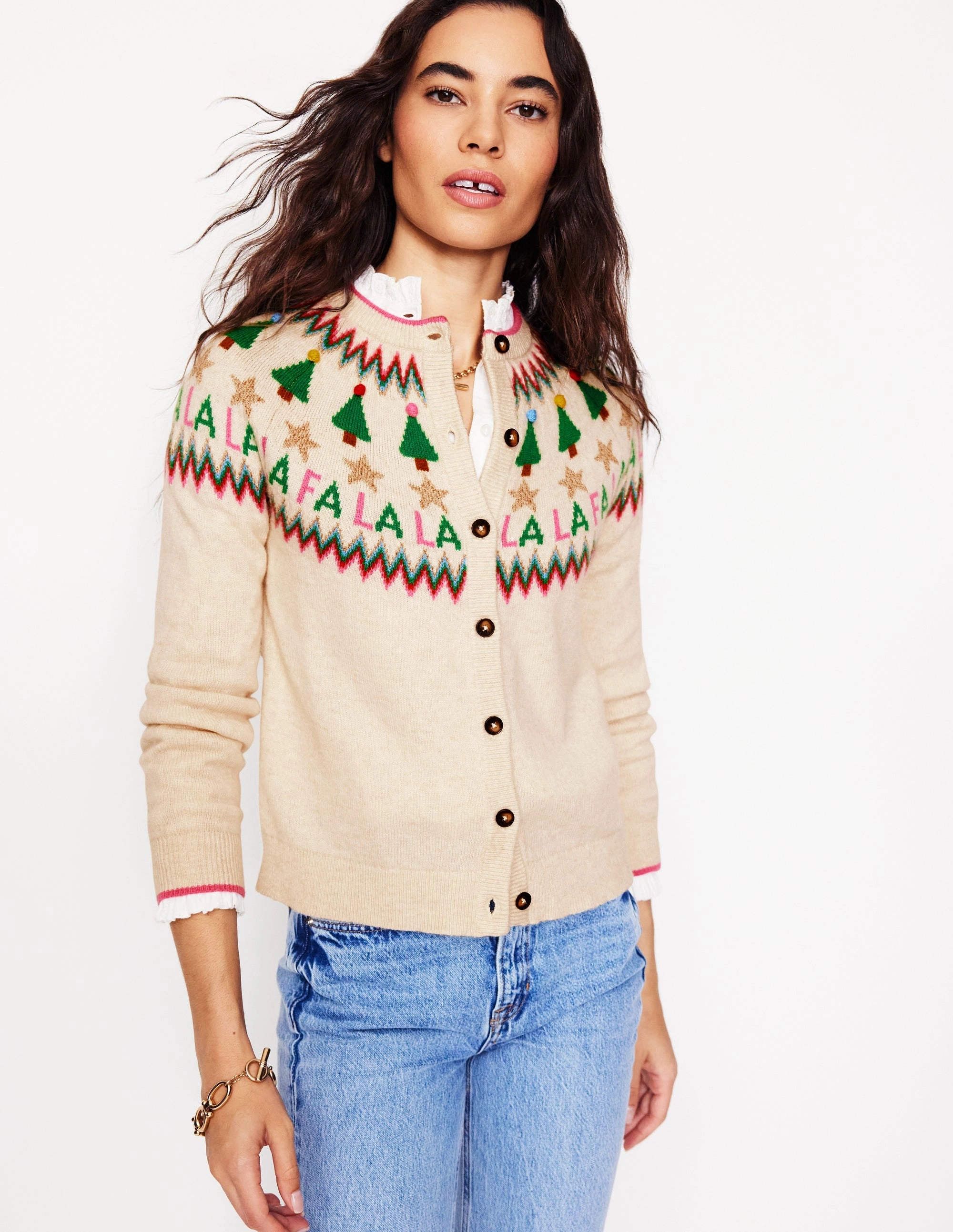 Anti Snag Fabric Edie Fair Isle Cardigan-Ecru Marl, Fa La La