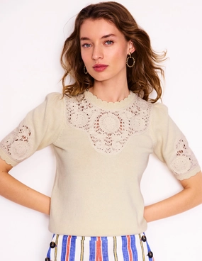 Weekend Look WrinkleResistant Finish Embroidered Yoke Knitted Tee-Warm Ivory
